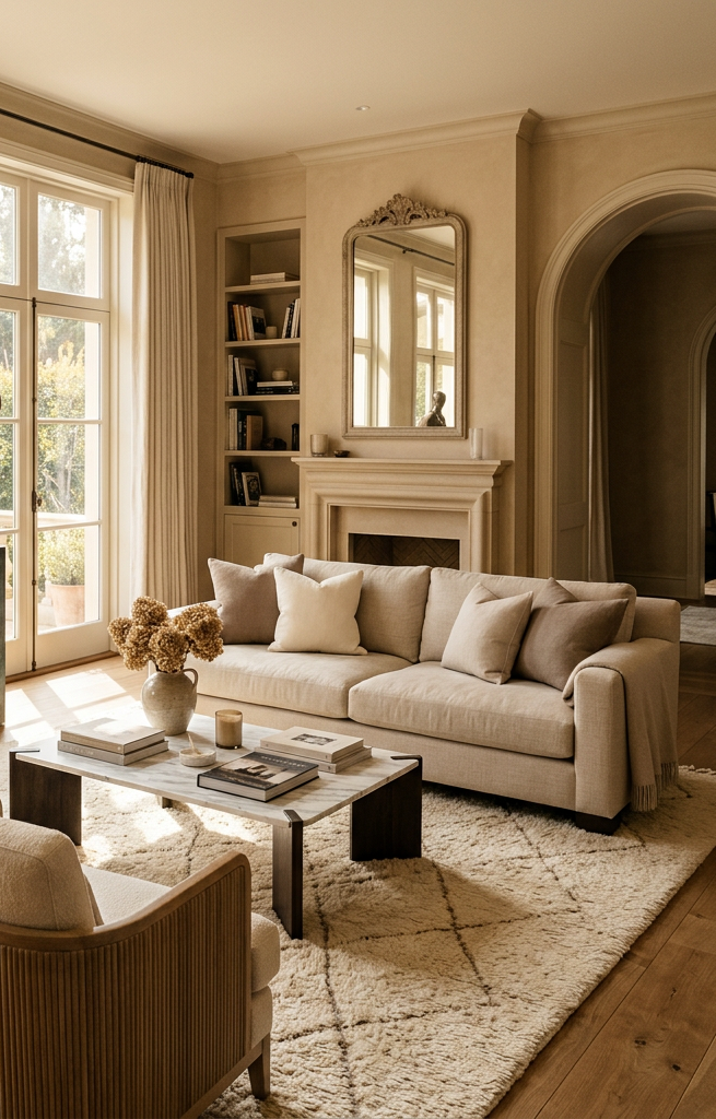 Neutral-toned living room with sofa, armchairs, coffee table, and abstract sculpture