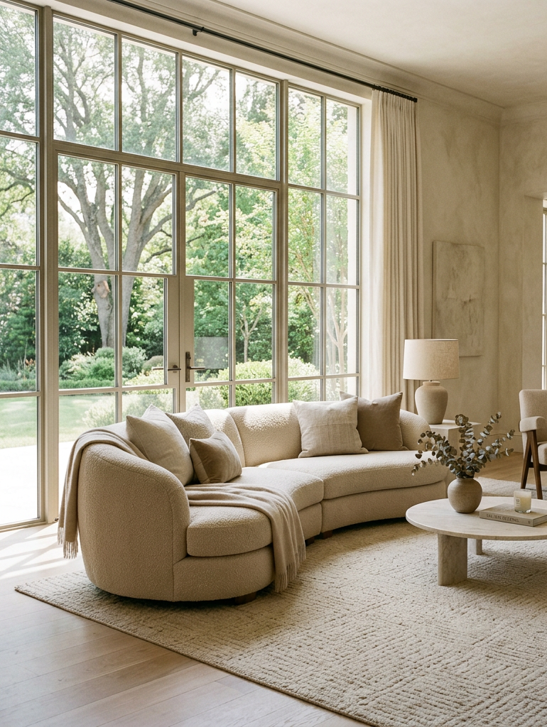 Curved beige sofa with cushions in a sunlit living room with large windows and wooden sculpture