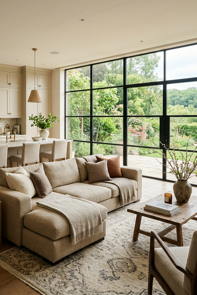 Open-plan living room and kitchen with beige sofa, wooden furniture, and large floor-to-ceiling windows