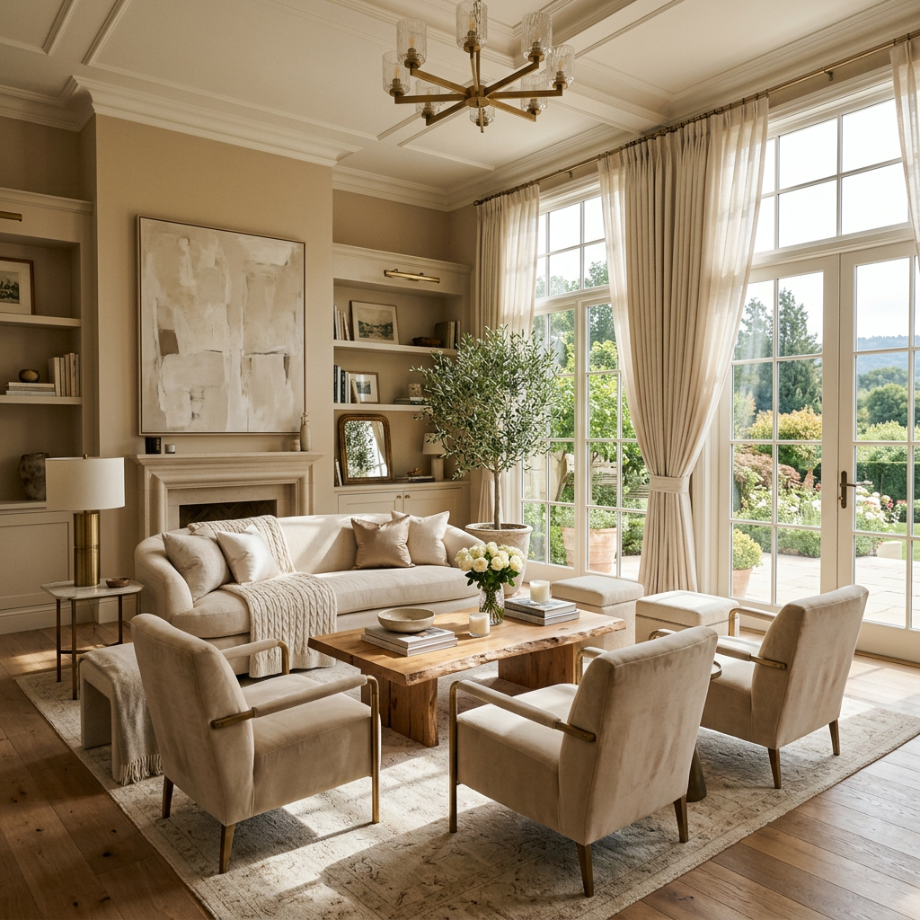 Cozy beige living room with sofa, armchairs, wooden coffee table, and large windows