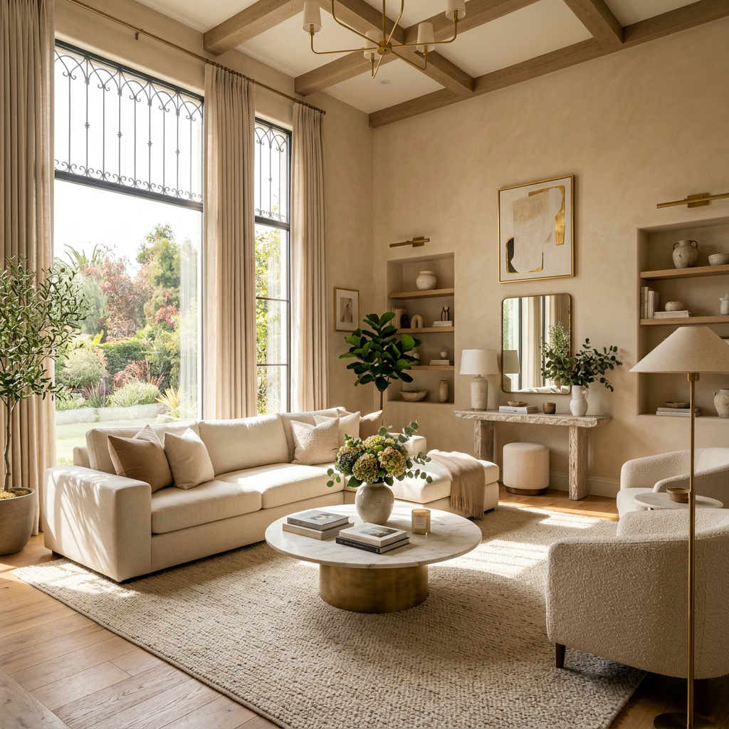 Bright living room with beige sofa, armchair, round marble coffee table, and tall windows showing garden