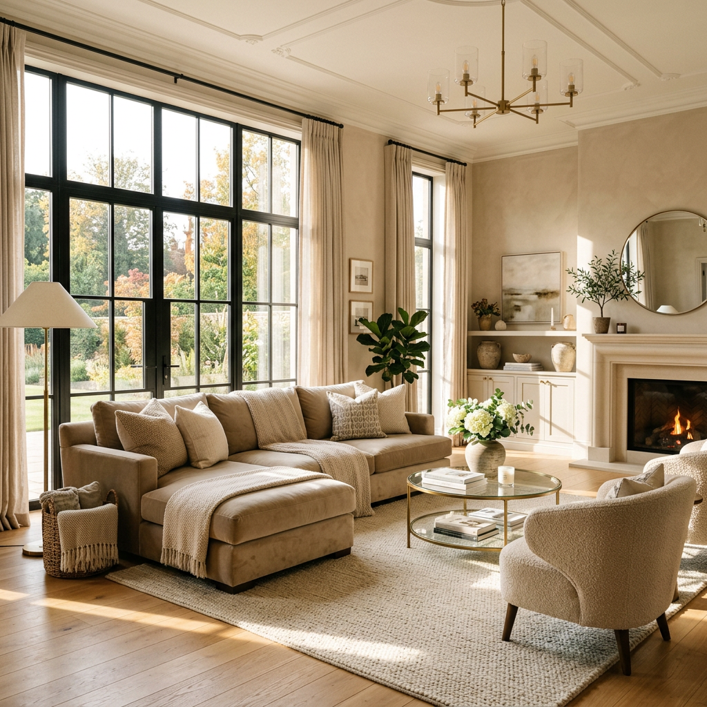 Living room with beige sectional sofa, round glass coffee table, armchairs, fireplace, large black-framed windows, and neutral decor
