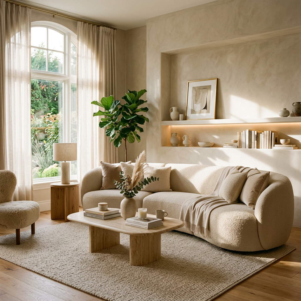 Living room with beige curved sofa, coffee table with books and vase, armchair, large window with sheer curtains, and built-in shelves with decor.