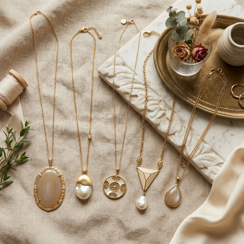 Five gold pendant necklaces with various designs on beige fabric