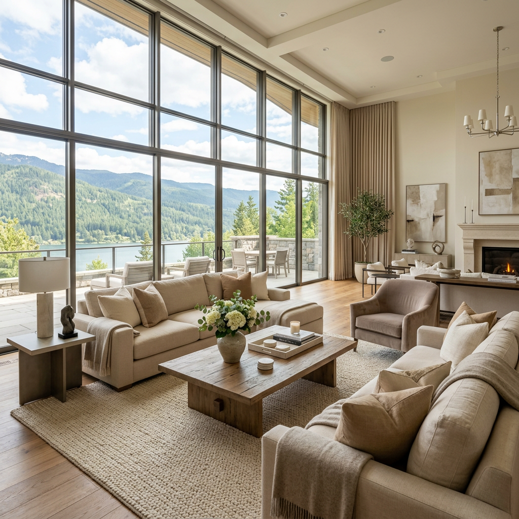 Spacious living room with beige sofas, armchair, wooden coffee table, and large floor-to-ceiling windows showing mountain and lake view