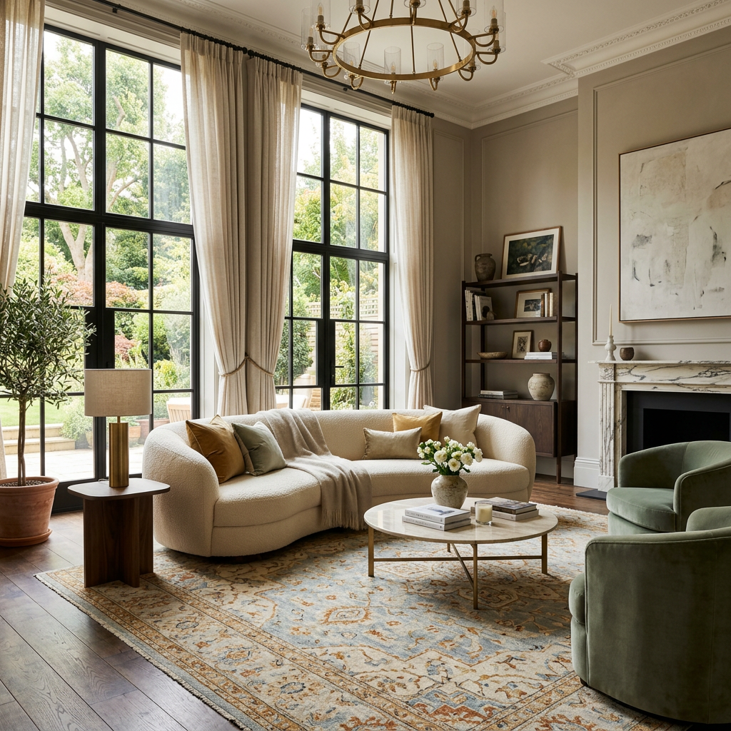 Living room with large grid windows, curved cream sofa, green armchairs, round coffee table, and bookshelf