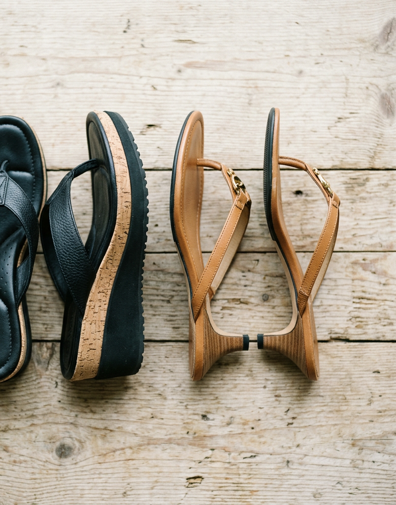 Laid flat elevated wedge and kitten flip-flops