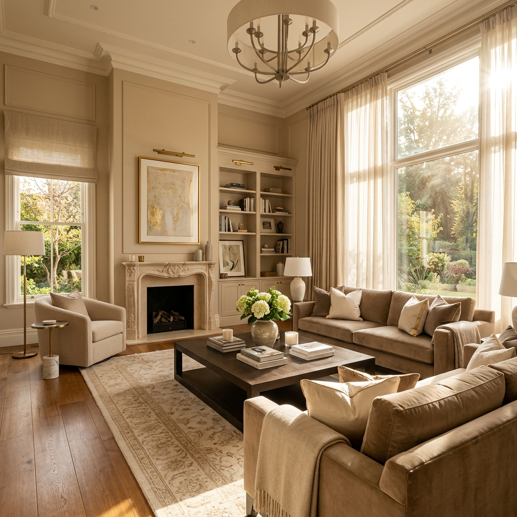 Luxurious beige living room with streaming light