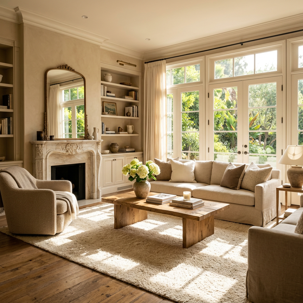 Luxurious beige living room with streaming light