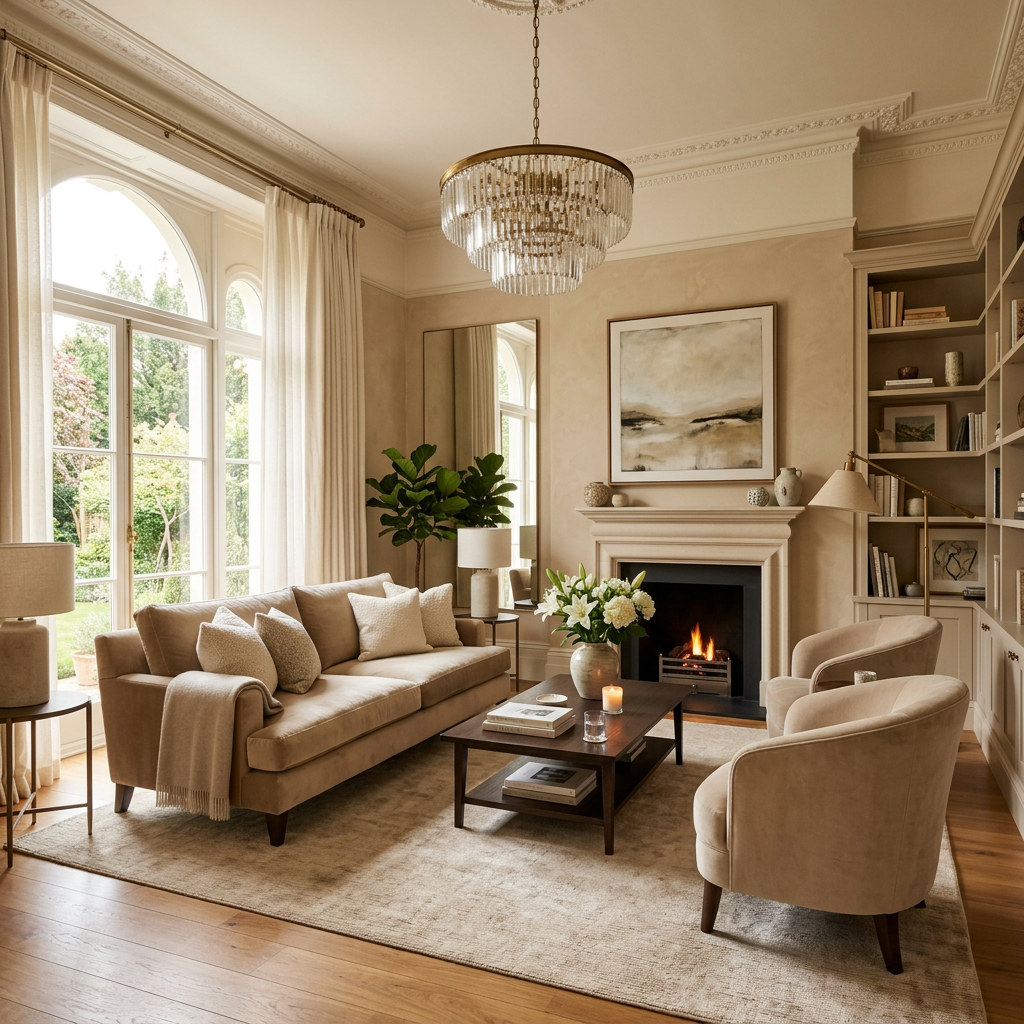 Living room with beige sofa, armchairs, coffee table, fireplace, and large windows
