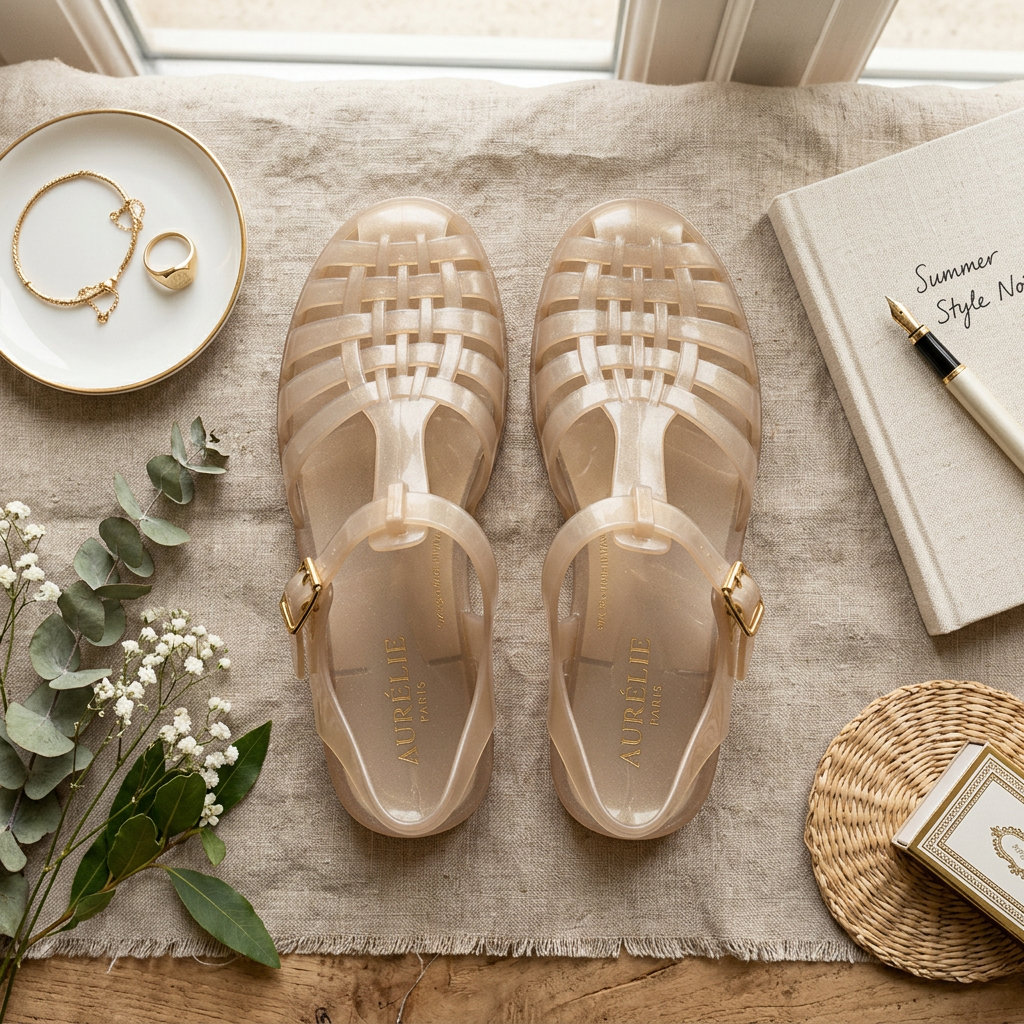Translucent jelly sandals with gold buckle on linen fabric surrounded by gold jewelry, notebook, and greenery