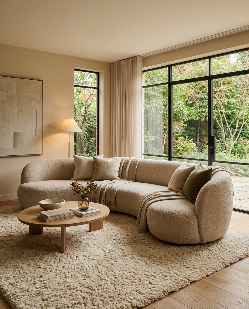 Curved beige sofa with pillows and throw on a textured rug near floor lamp and large windows showing green garden