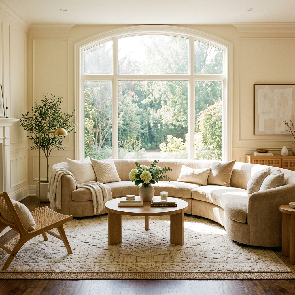 Curved beige sofa around a round wooden coffee table in a bright living room
