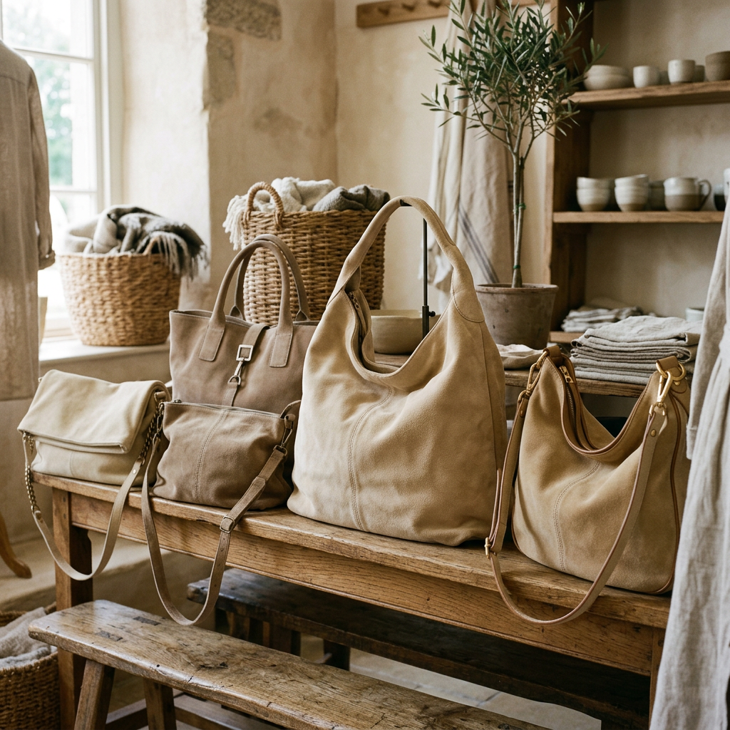 More slouchy soft leather suede bags crรจme beige