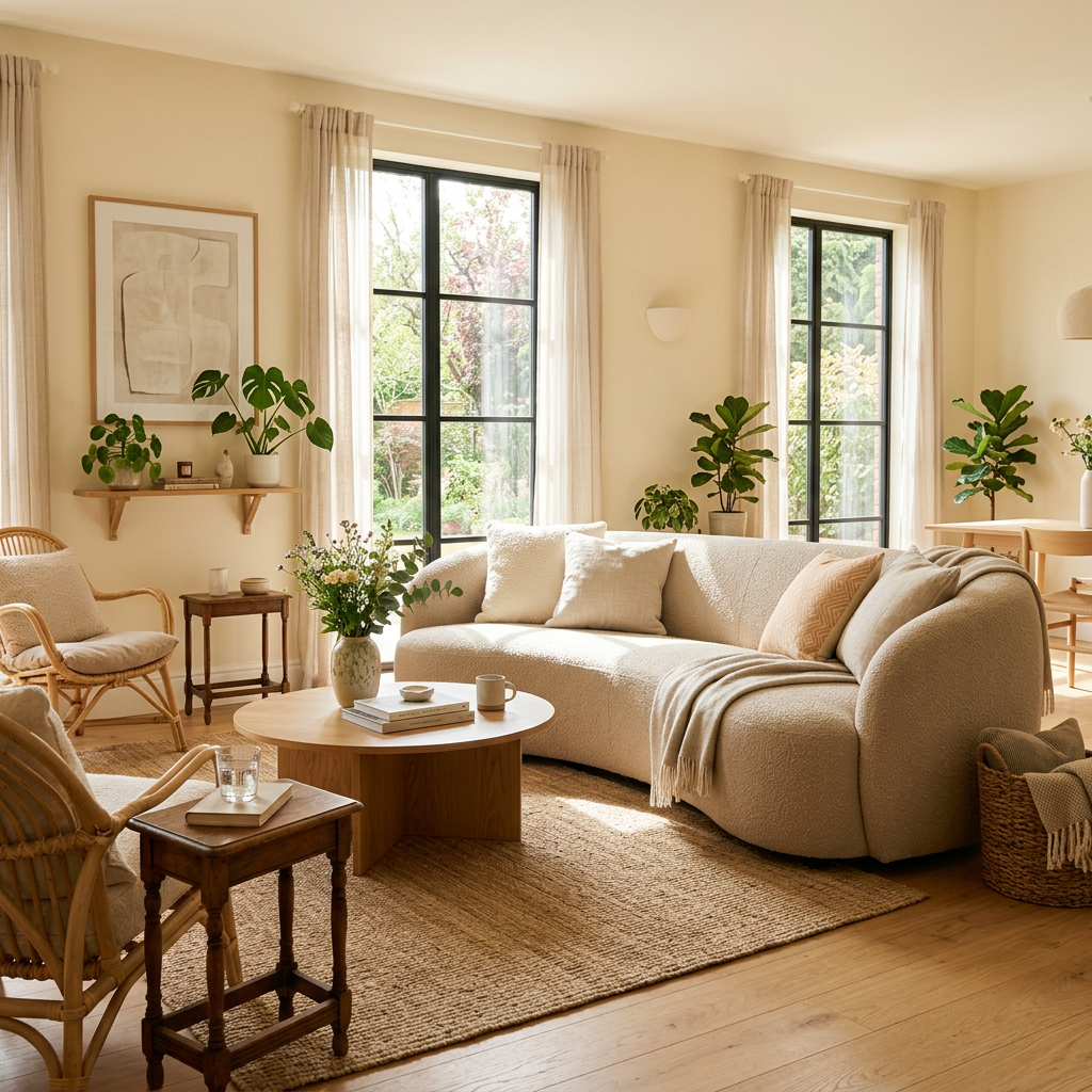Bright living room with curved beige sofa, wooden tables, and green plants by large windows