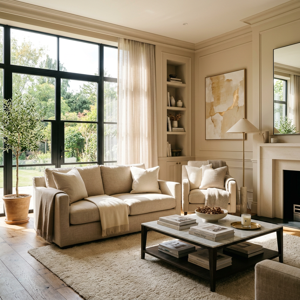 Luxurious beige living room with streaming light