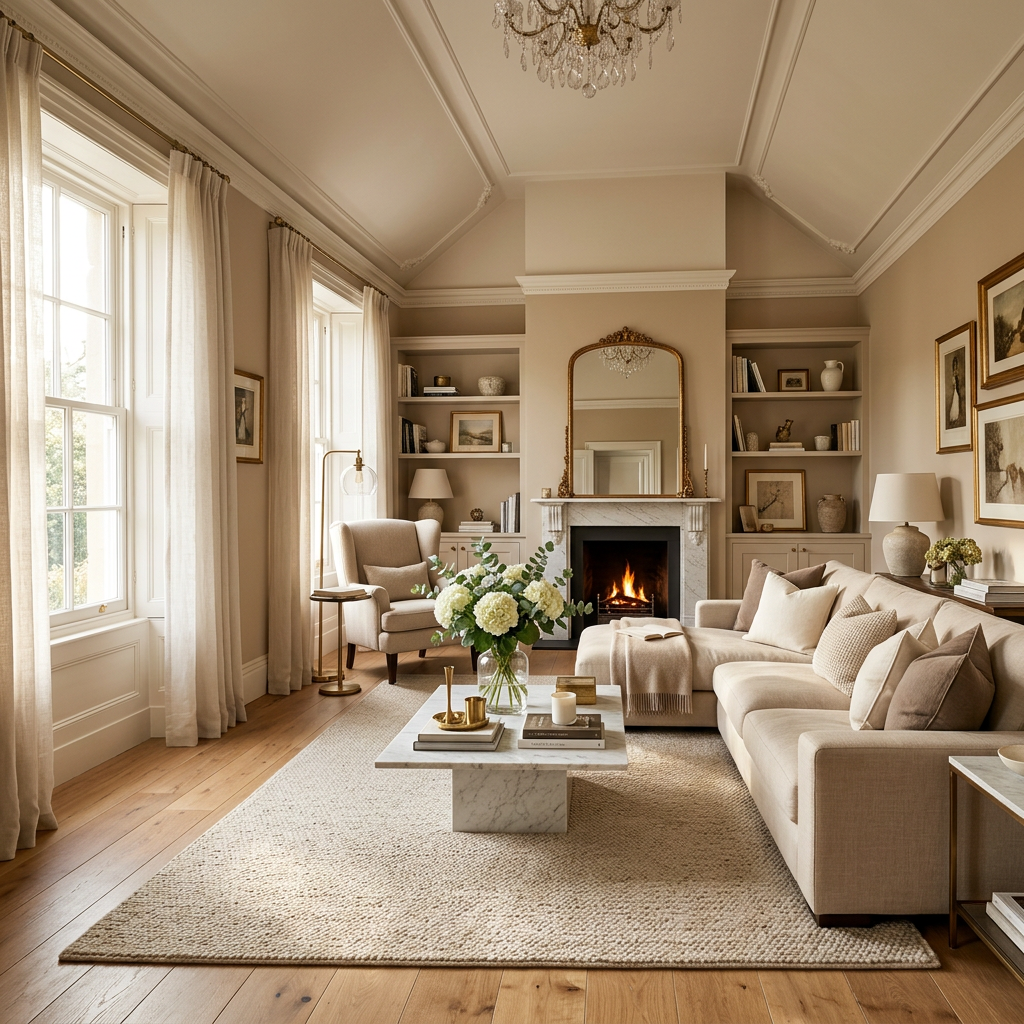 Luxurious beige living room, streaming light