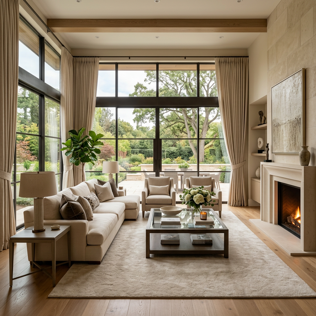 Spacious living room with beige sofa, armchairs, large glass windows, and a fireplace