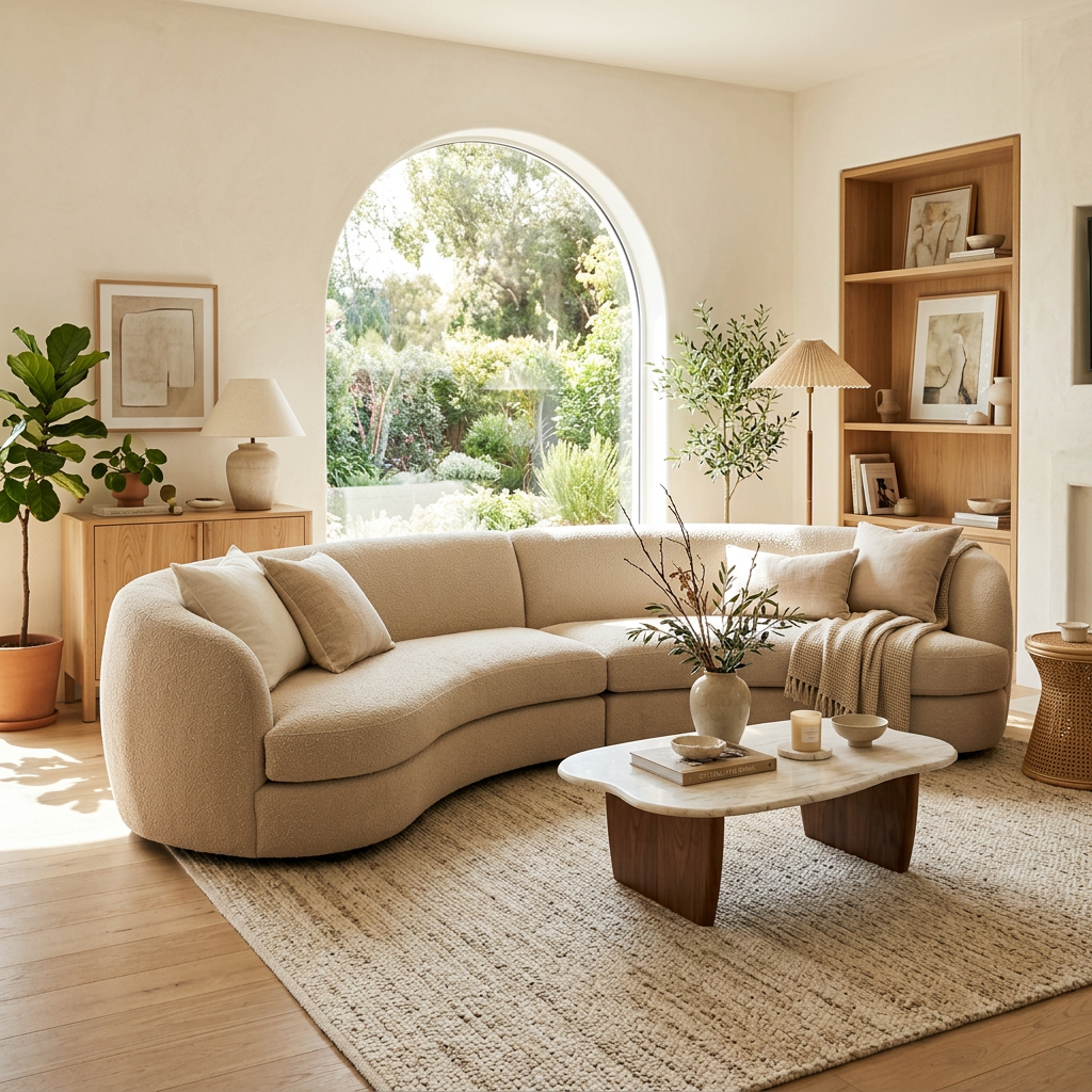 Curved beige sofa with cushions around a marble coffee table in a sunlit living room