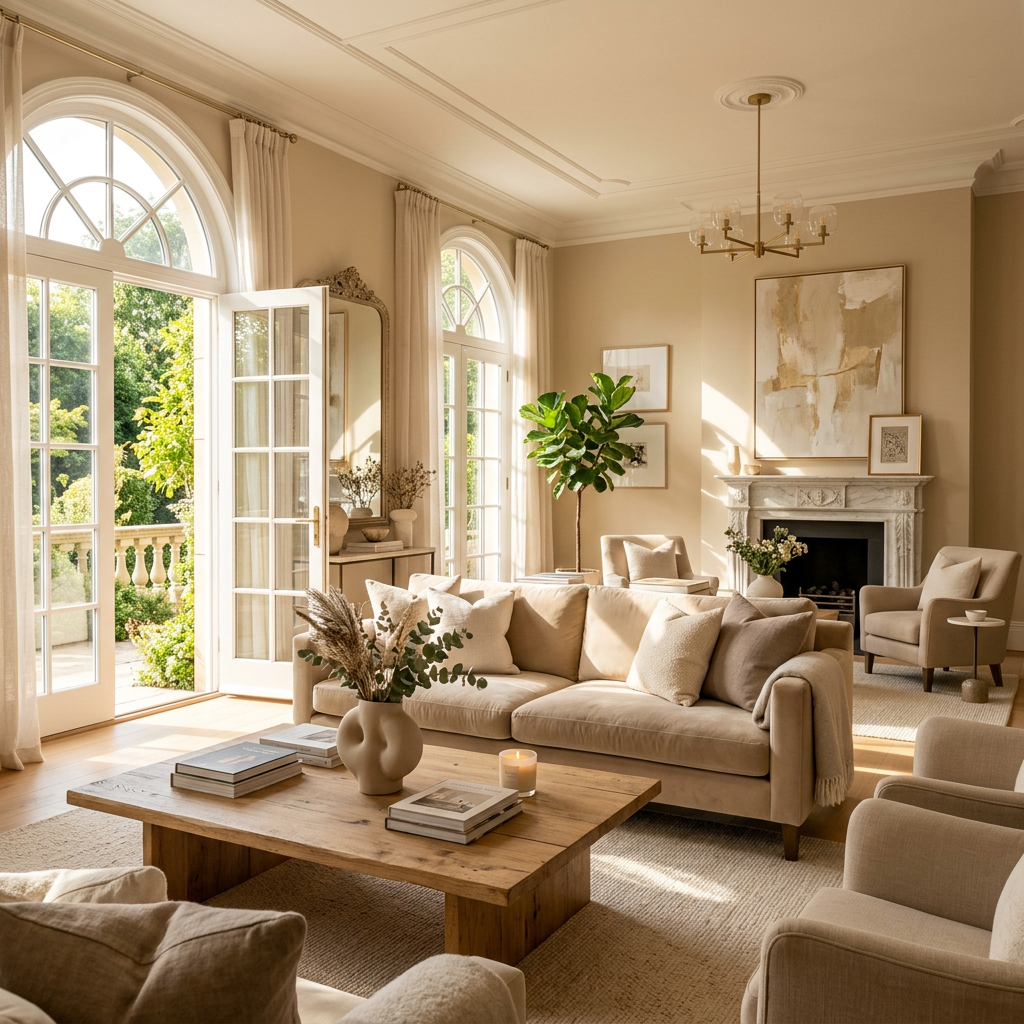 Living room with beige sofas, wooden coffee table, plants, and large arched windows