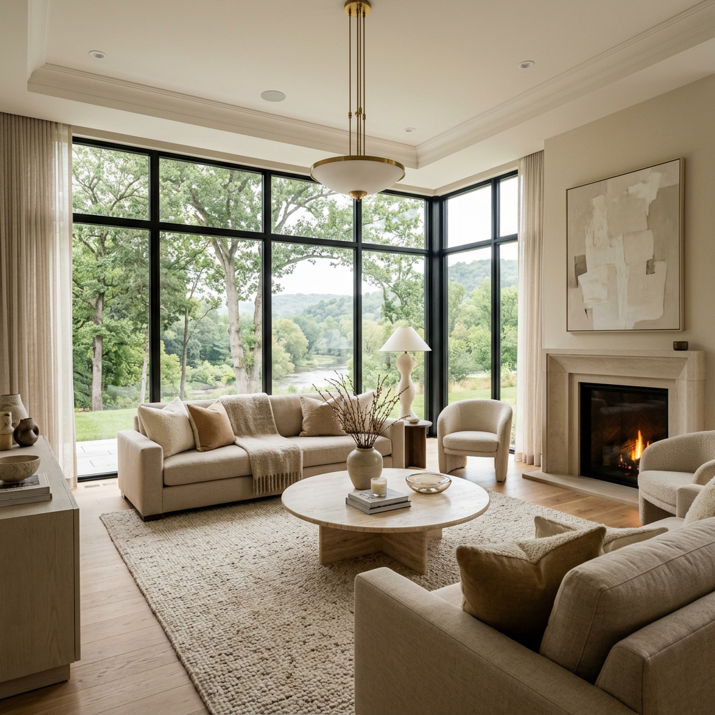 Living room with beige sofas, round coffee table, fireplace, and large windows showing outdoor trees and hills.