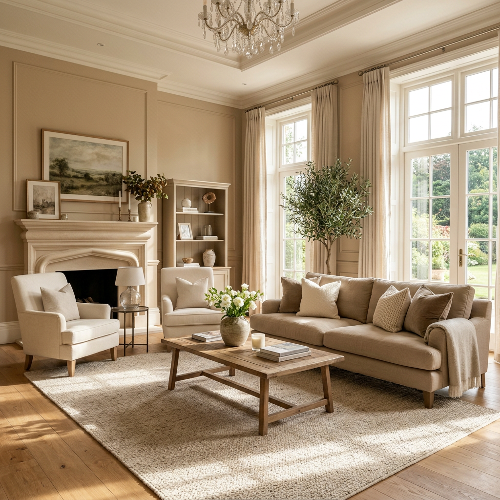 Living room with beige sofa, armchairs, wooden coffee table, fireplace, and large windows