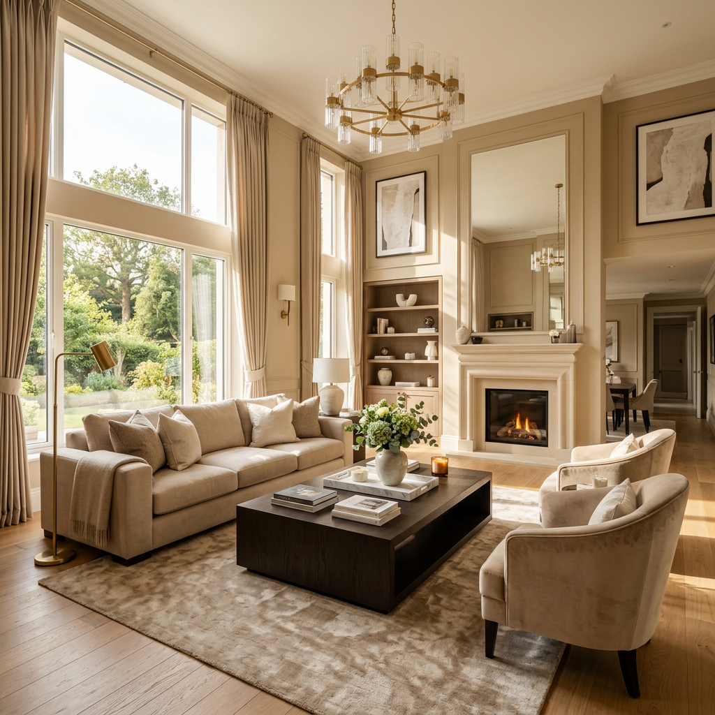 Luxurious beige living room with streaming light