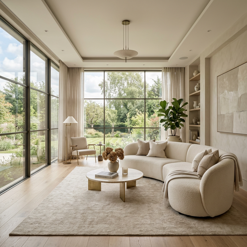Luxurious beige living room, floor-to-ceiling windows, rounded sofa