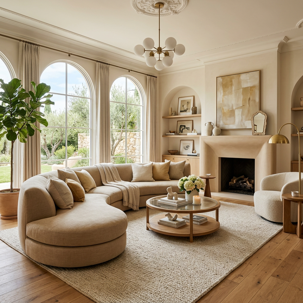 Living room with curved beige sofa, round coffee table, large arched windows, and fireplace