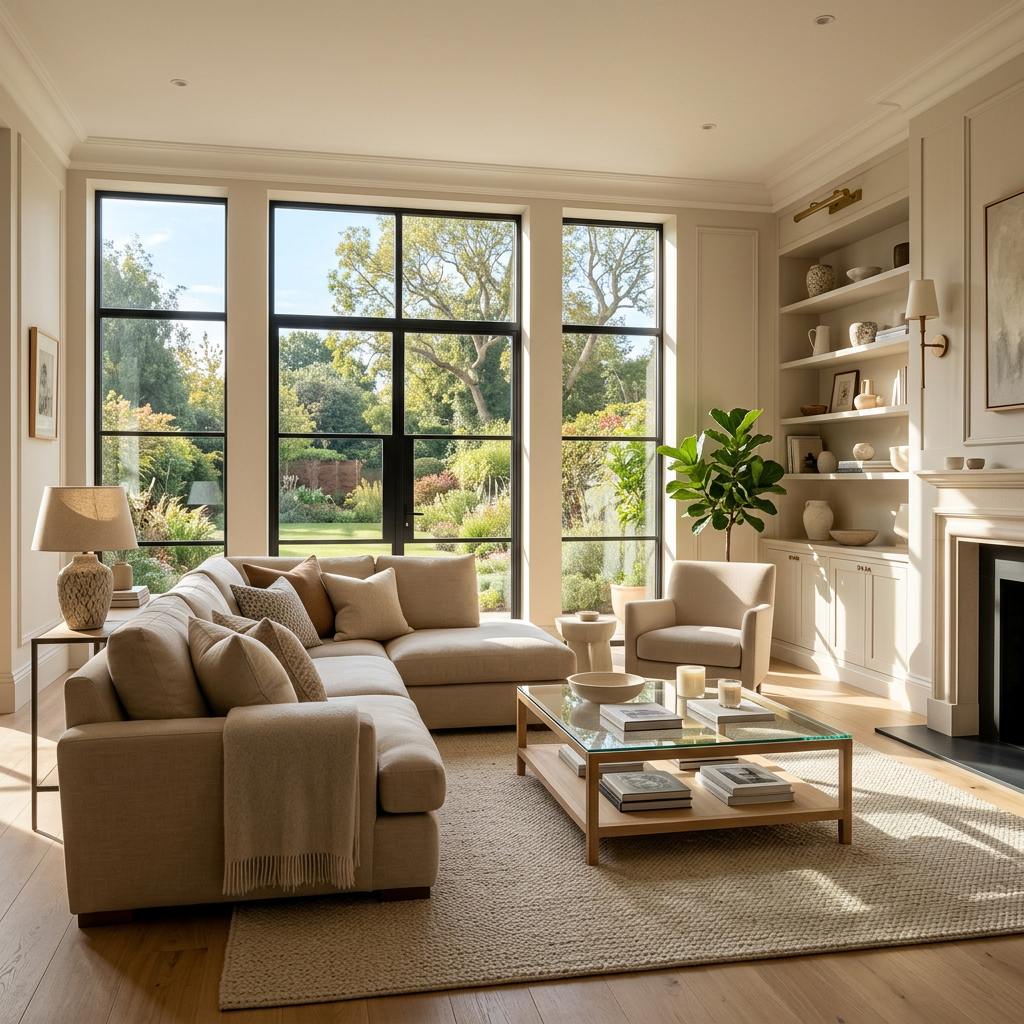 Luxury beige living room streaming light windows
