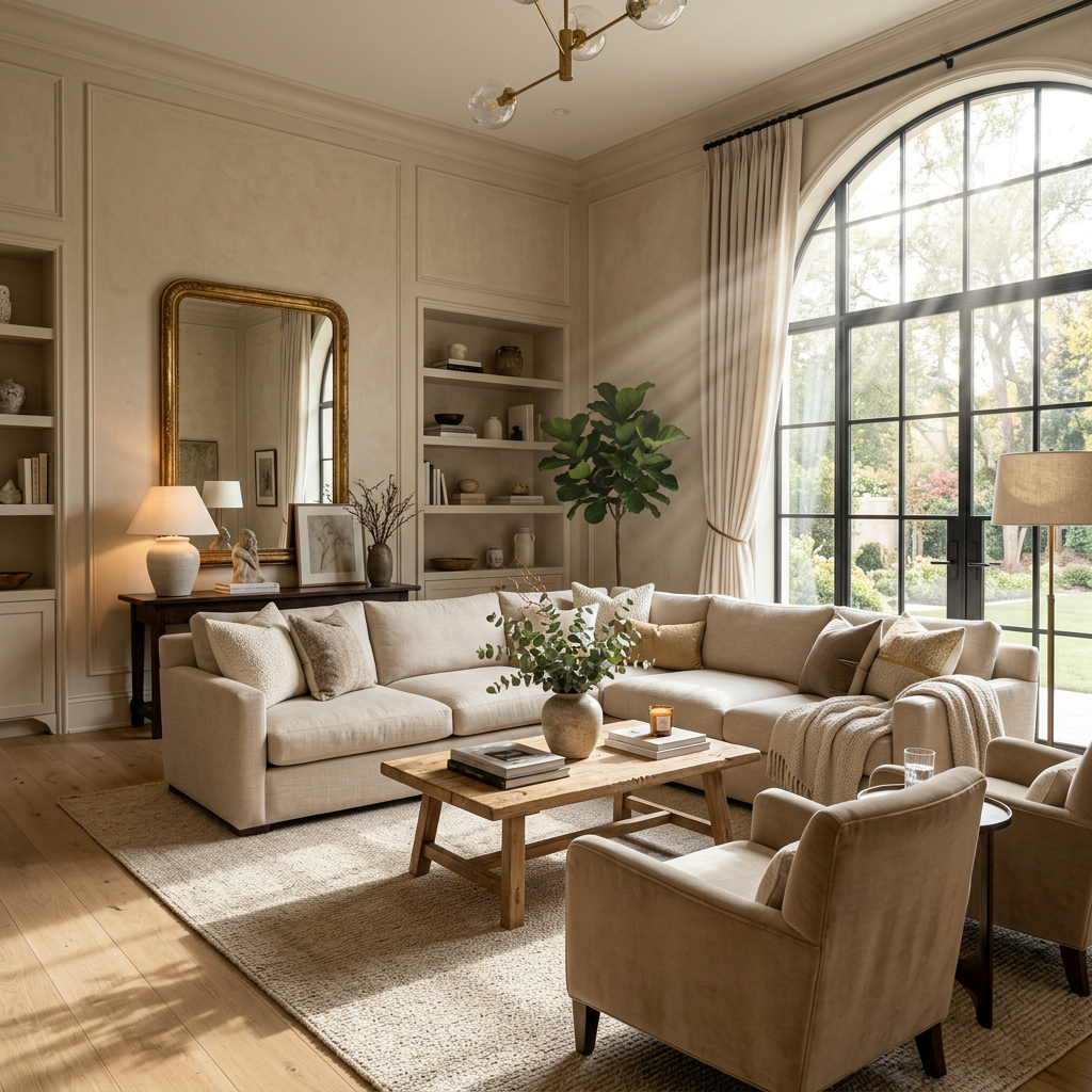 Spacious living room with beige sectional sofa, armchairs, wooden coffee table, and large arched window