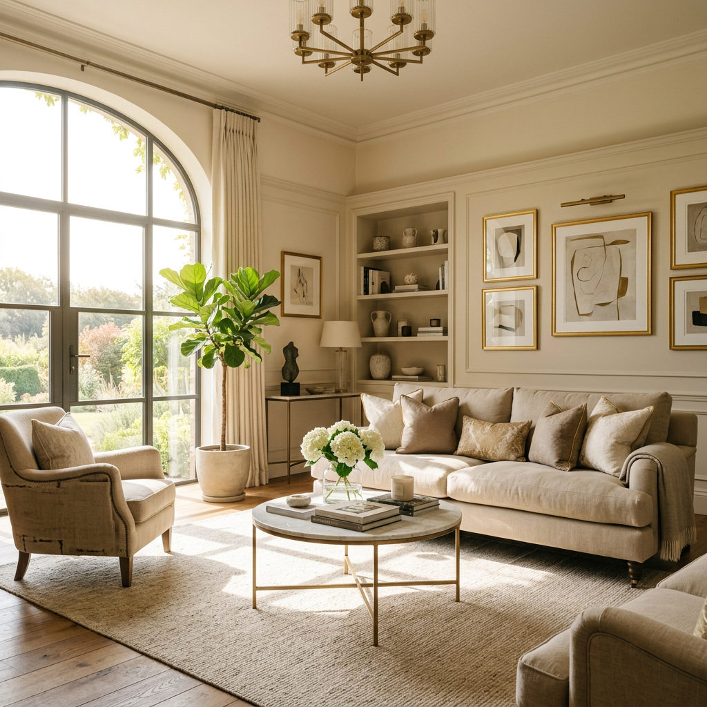 Living room with beige sofa, armchair, round coffee table, large arched window, and abstract wall art