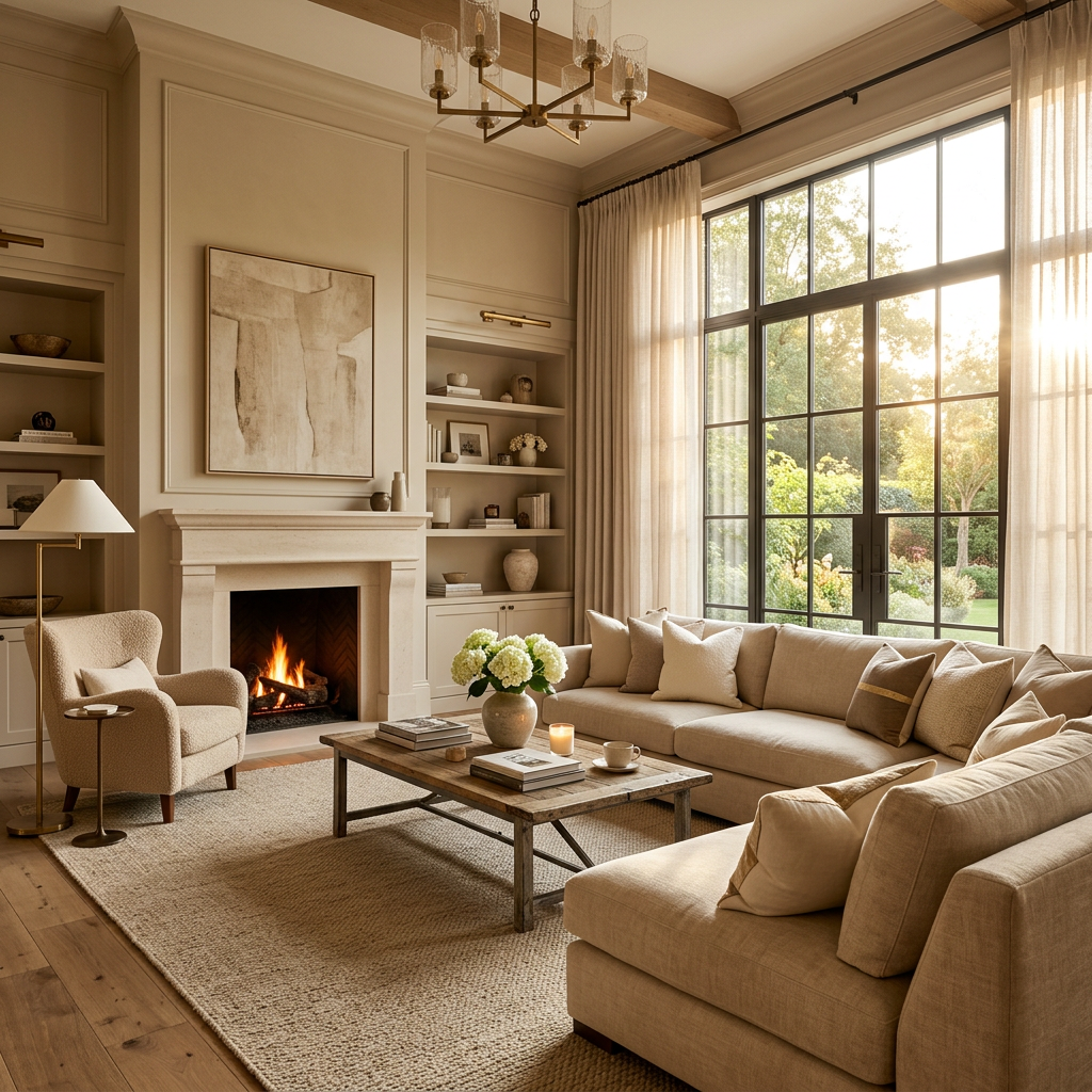 Living room with large windows, beige sectional sofa, armchair, fireplace, and coffee table.