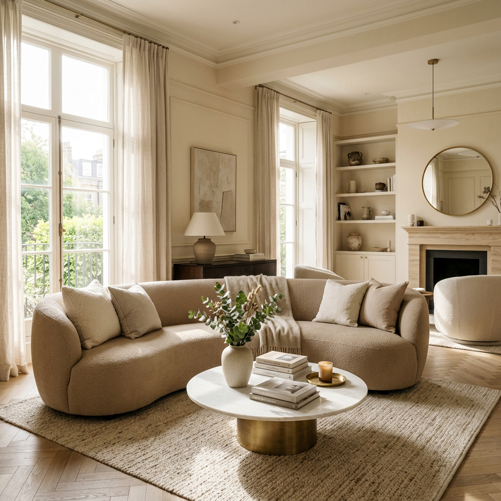 Curved beige sofa with pillows around a marble coffee table in a bright living room