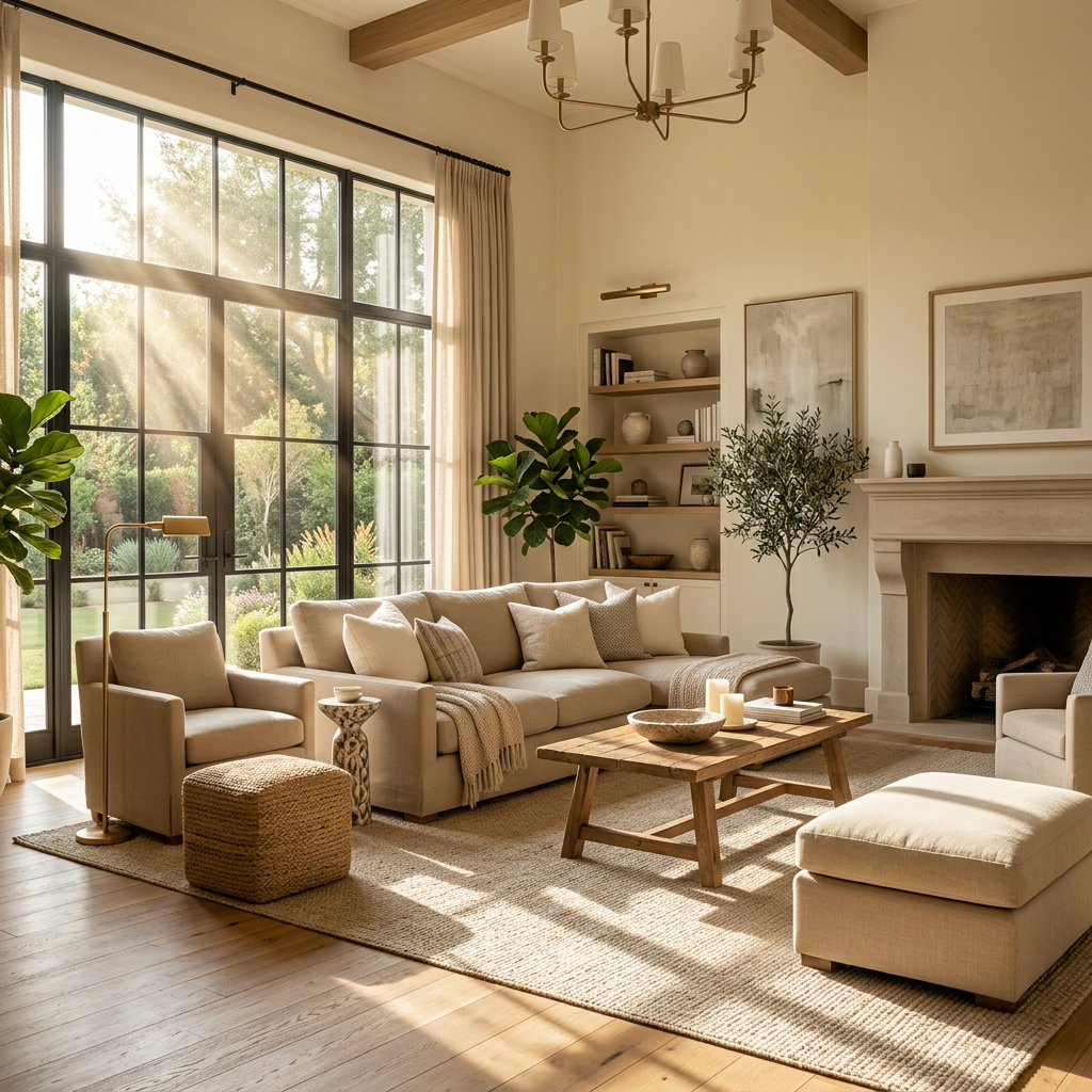 Sunlit living room with beige sofa, armchairs, wooden coffee table, large windows, fireplace, and indoor plants