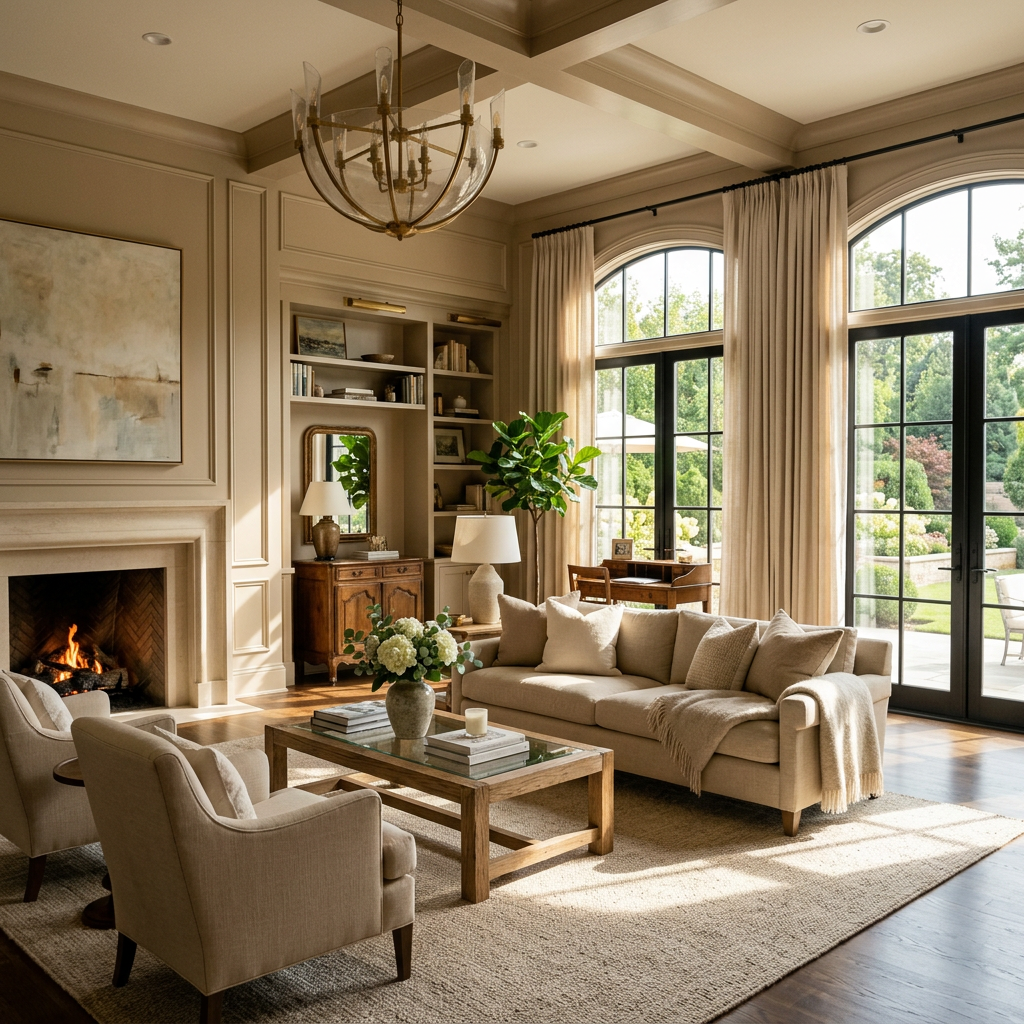Living room with beige sofa and chairs, glass coffee table, fireplace, large windows with curtains