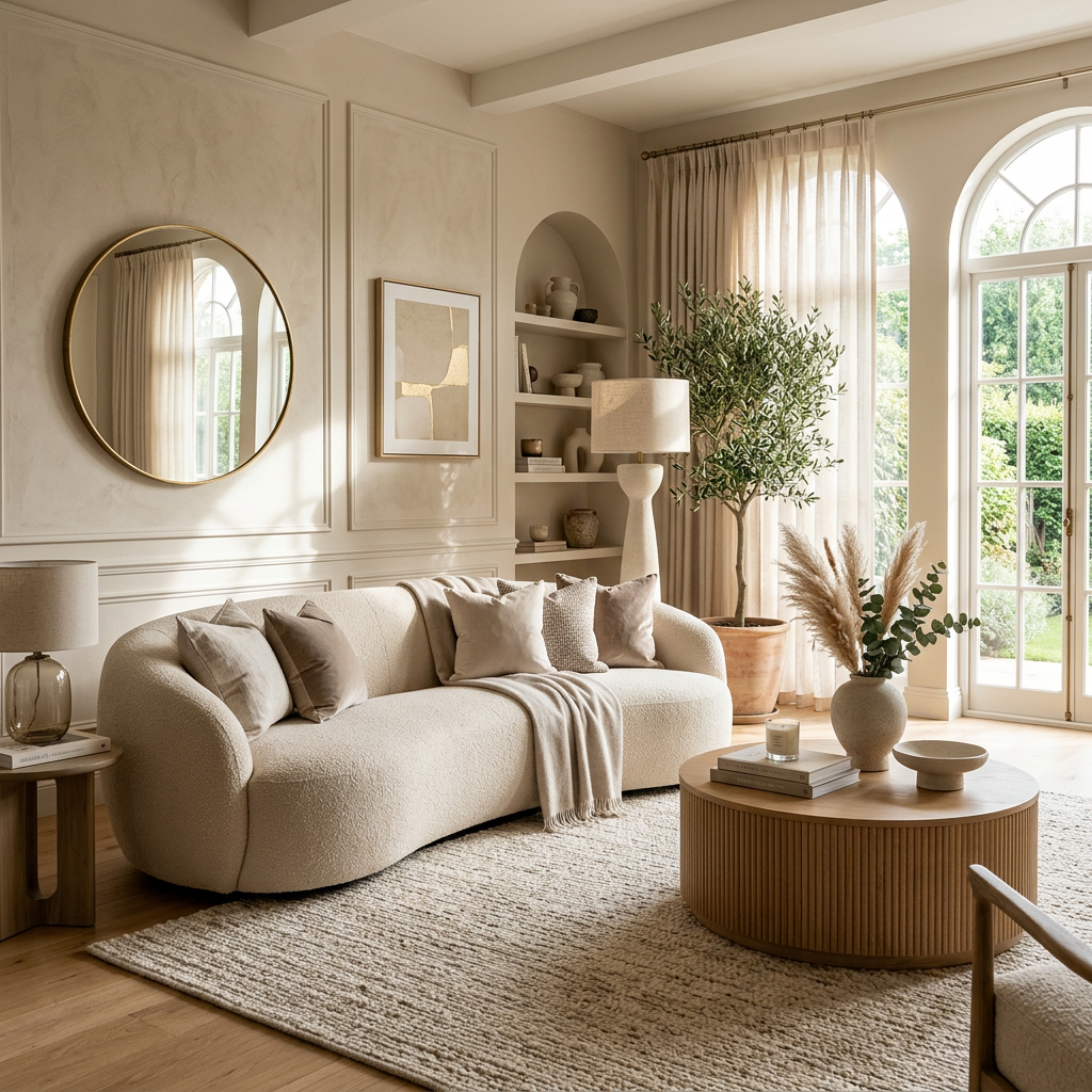Living room with curved cream sofa, round wooden coffee table, large arched window, and indoor plant