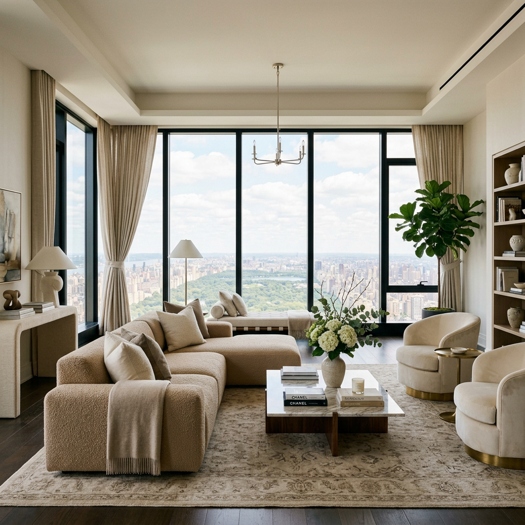 Modern living room with plush beige furniture, large windows overlooking Central Park and city buildings