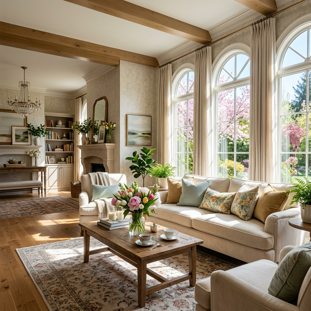 Living room with beige sofa, armchair, wooden coffee table, arched windows, and floral decorations