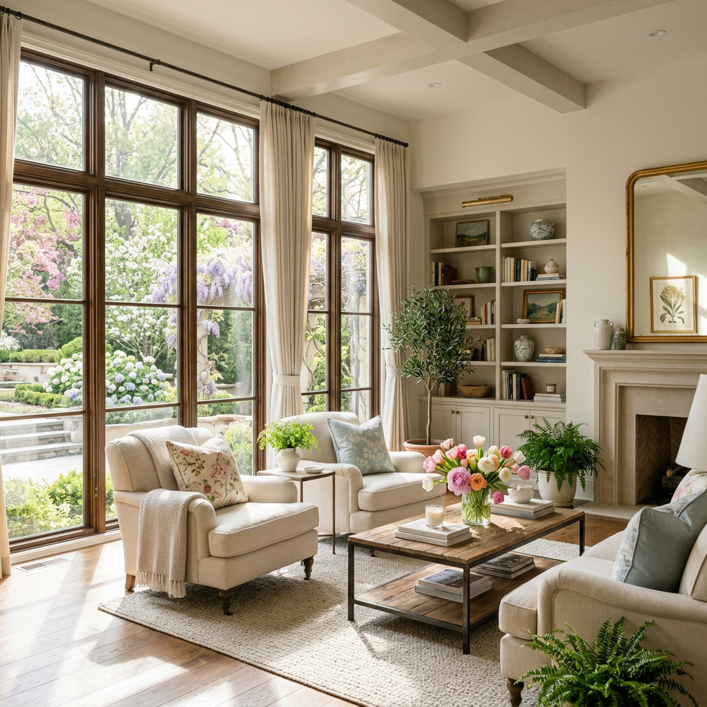 Sunlit living room with garden views, armchairs, bookshelves, fireplace, and flowers