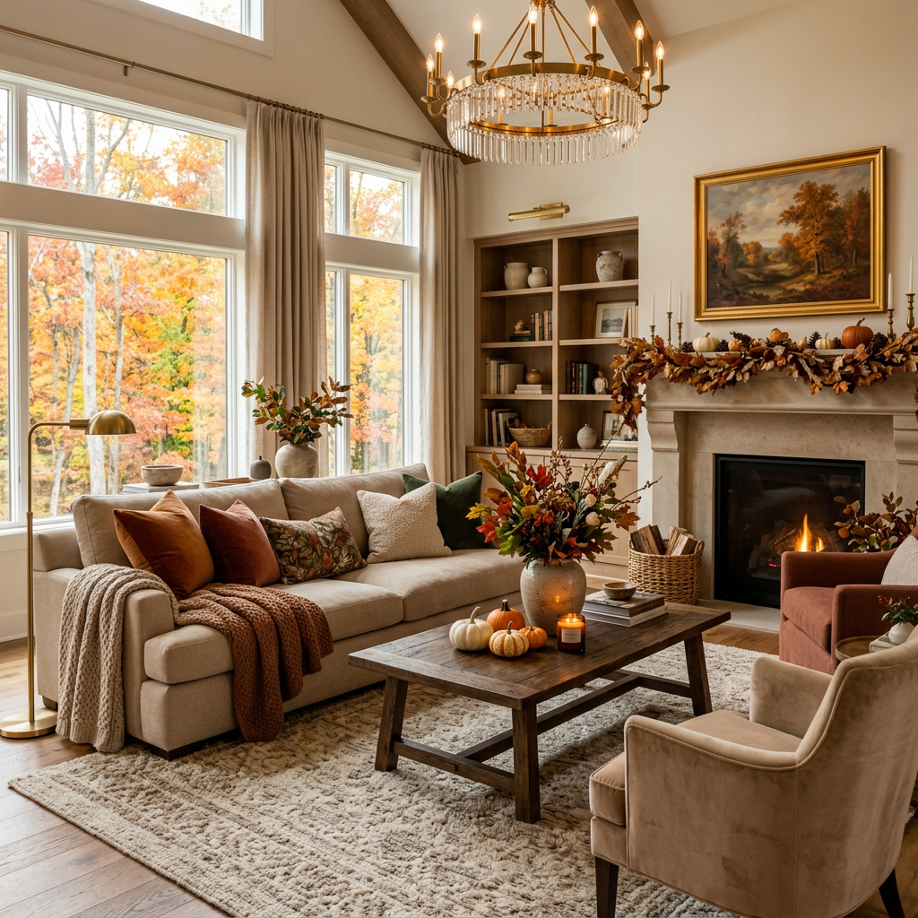Elegant living room with autumn decor, fireplace, chandelier, and forest views