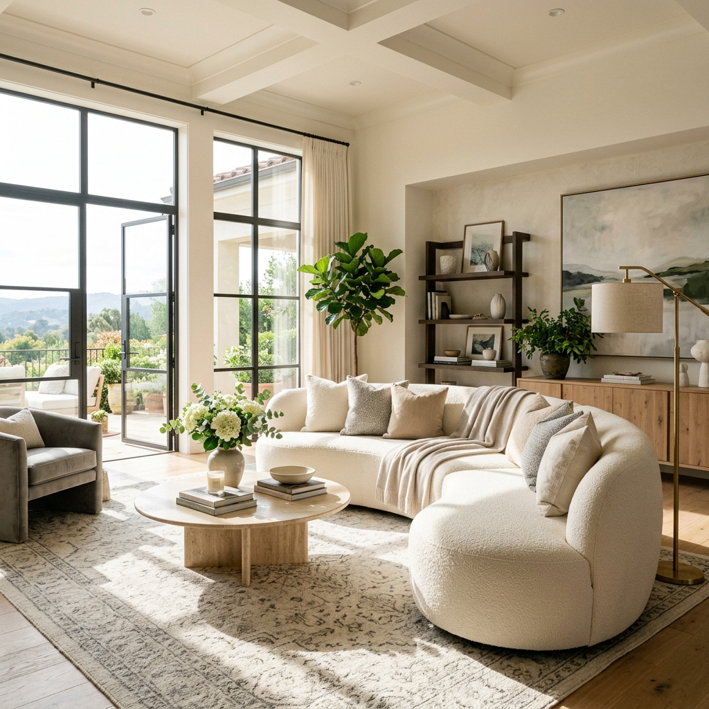 Sunlit living room with curved cream sofa, plants, wood furniture, and large windows