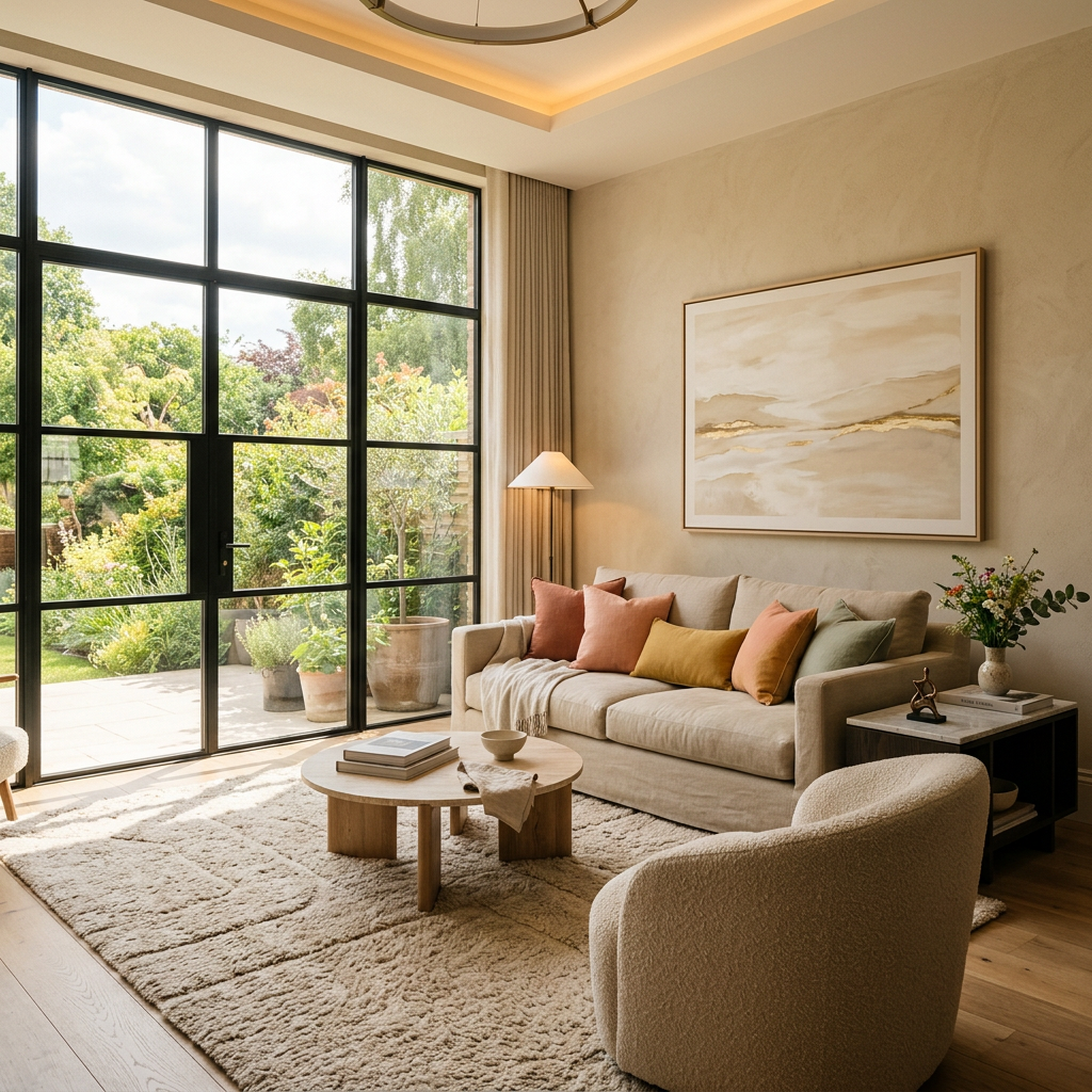 Sunlit contemporary living room with sofa, armchairs, coffee table, and garden views