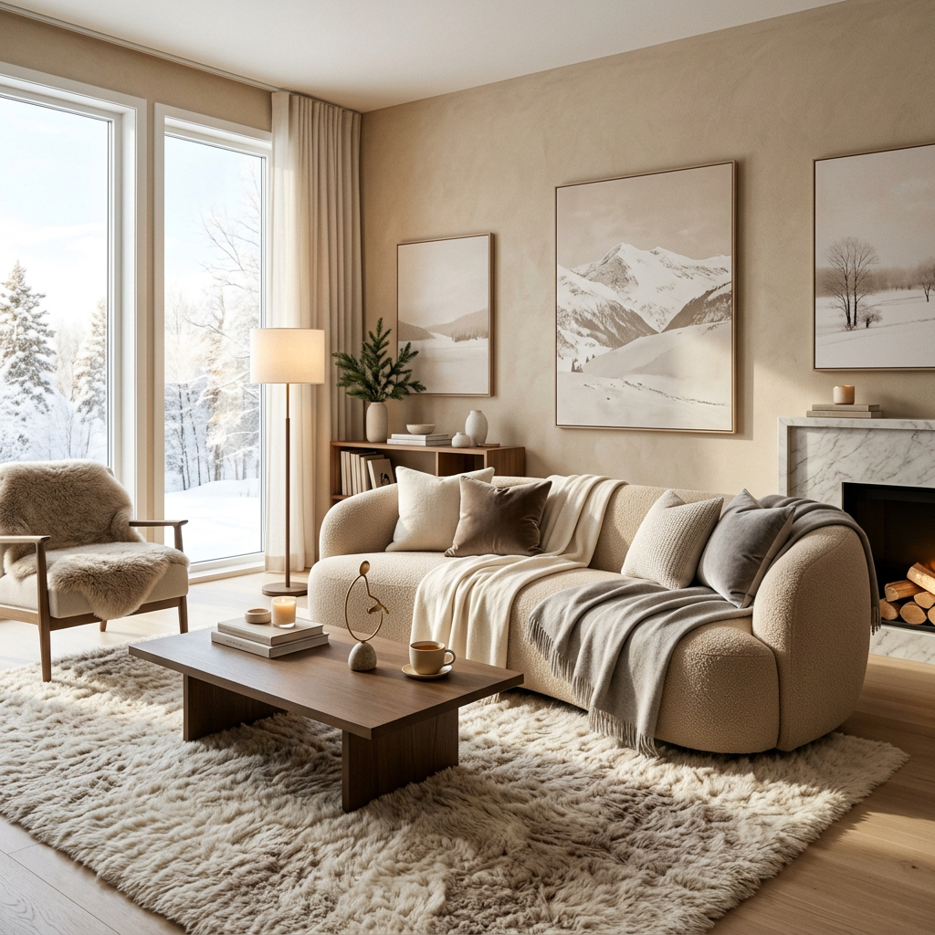 Cozy living room with sofa, fireplace, snowy views, and mountain artwork