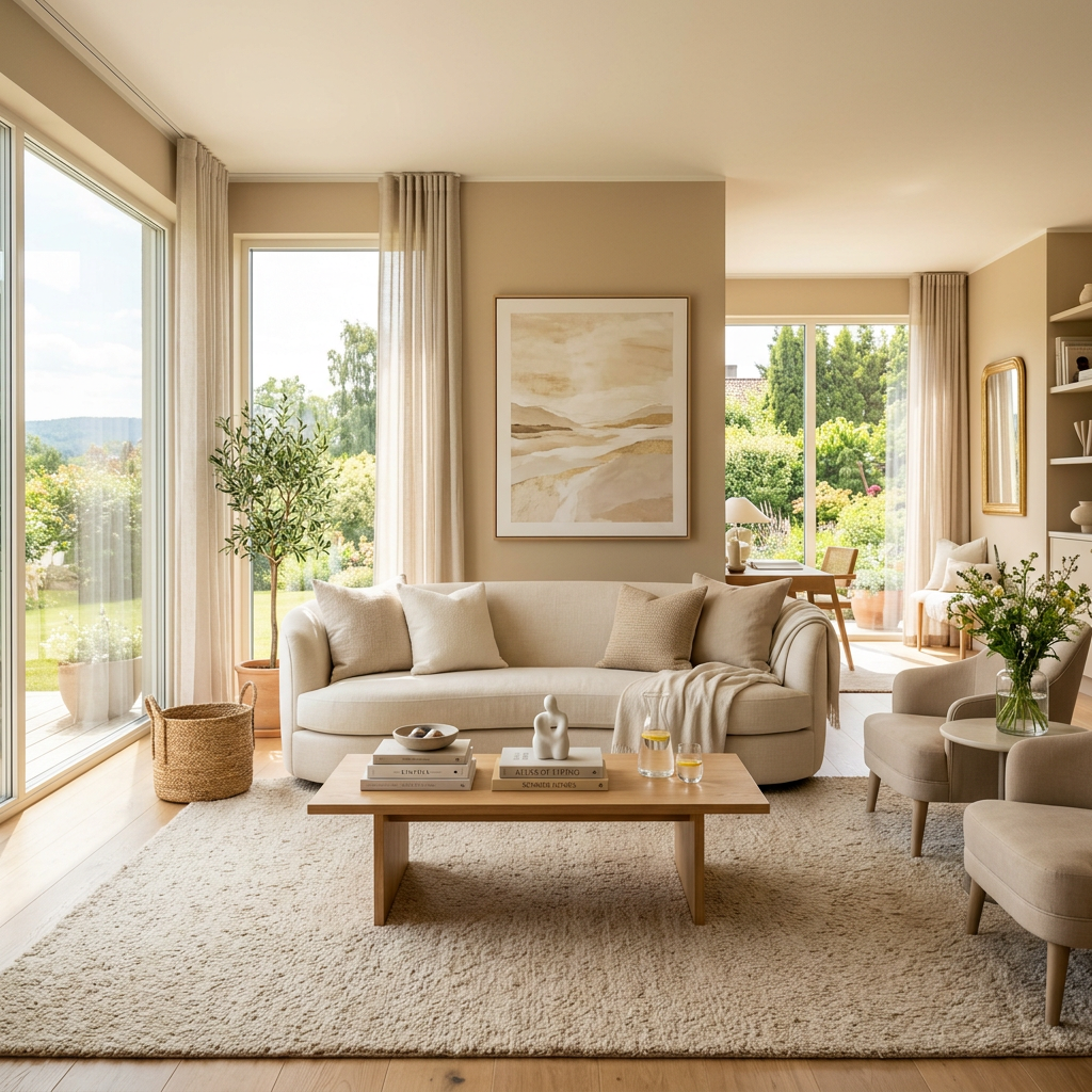 Sunlit neutral living room with sofa, coffee table, plants, and garden views