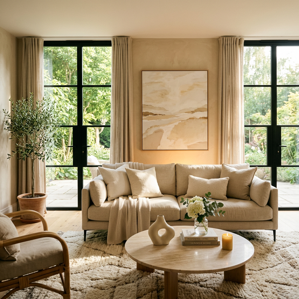 Warm living room with beige sofa, coffee table, plants, and garden views