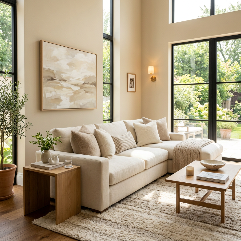 Sunlit neutral living room with sofa, plants, artwork, and garden views