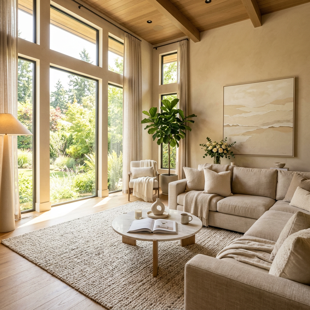 Sunlit neutral living room with garden views, sofa, plants, and coffee table