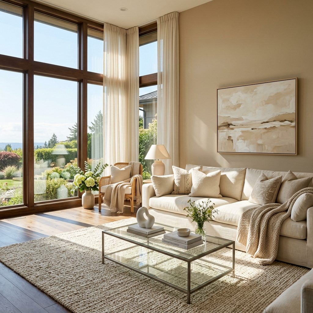 Sunlit living room with garden views, cream sofa, glass coffee table, and abstract artwork