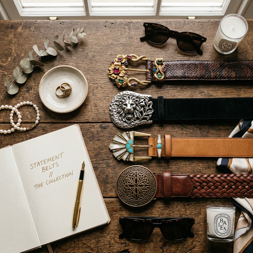 Statement belts arranged with jewelry, sunglasses, candles, and a notebook